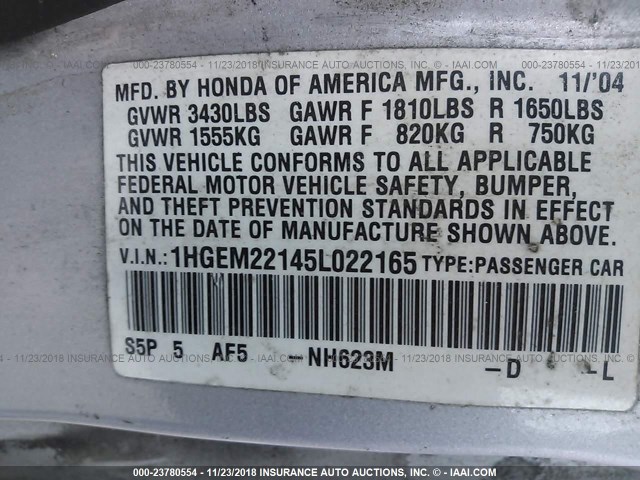 1HGEM22145L022165 - 2005 HONDA CIVIC DX VP SILVER photo 9