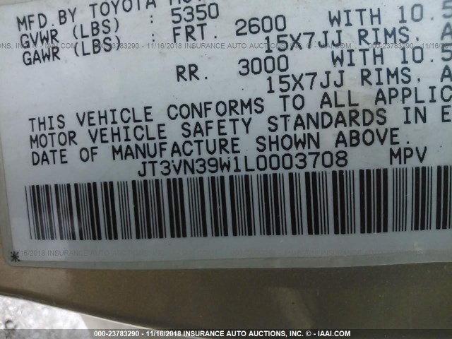 JT3VN39W1L0003708 - 1990 TOYOTA 4RUNNER VN39 SR5 金色 照片 9