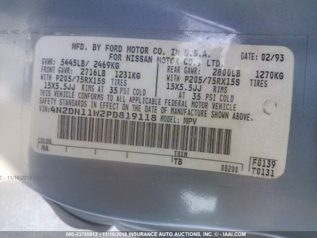 4N2DN11W2PD819118 - 1993 NISSAN QUEST GXE/XE/BASE BLUE photo 9