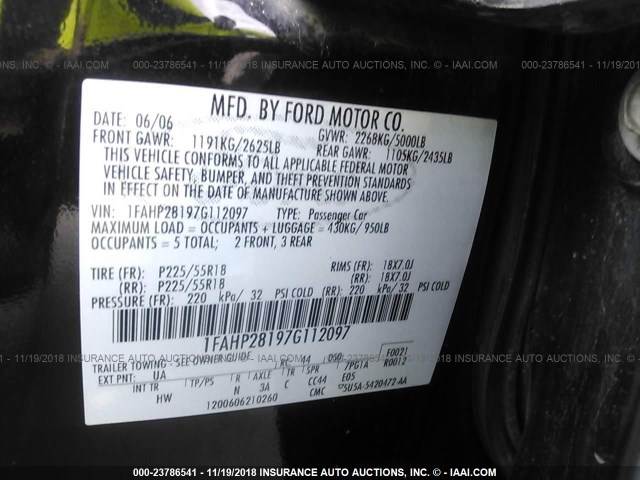 1FAHP28197G112097 - 2007 FORD FIVE HUNDRED LIMITED BLACK photo 9