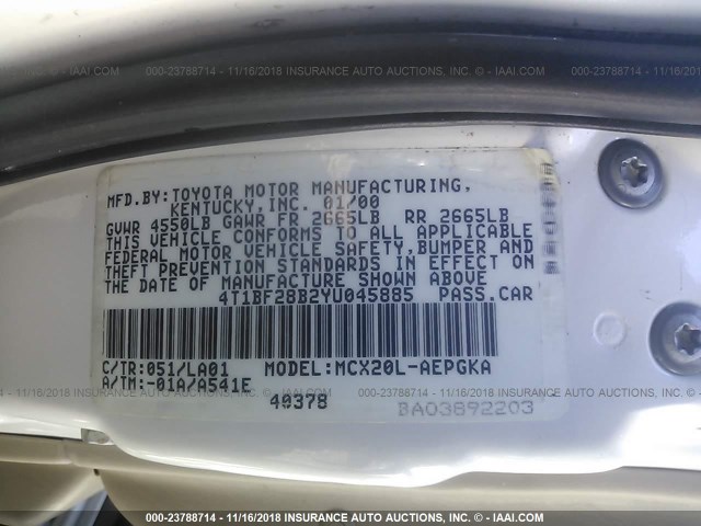 4T1BF28B2YU045885 - 2000 TOYOTA AVALON XL/XLS WHITE photo 9