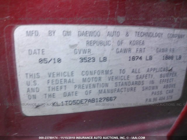 KL1TD5DE7AB127667 - 2010 CHEVROLET AVEO LS/LT წითელი ფოტო 9