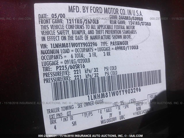 1LNHM81W0YY903296 - 2000 LINCOLN TOWN CAR EXECUTIVE MAROON photo 9