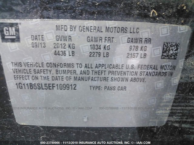 1G11B5SL5EF109912 - 2014 CHEVROLET MALIBU LS 黑色 照片 9