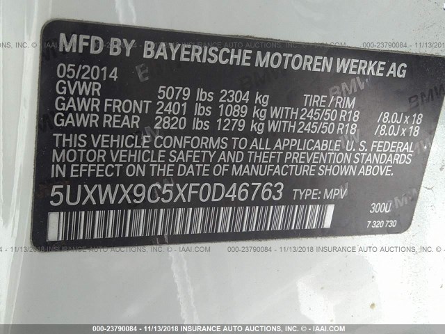 5UXWX9C5XF0D46763 - 2015 BMW X3 XDRIVE28I WHITE photo 9