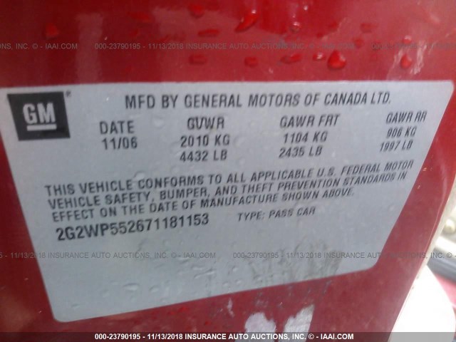 2G2WP552671181153 - 2007 PONTIAC GRAND PRIX წითელი ფოტო 9