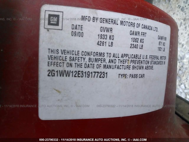 2G1WW12E319177231 - 2001 CHEVROLET MONTE CARLO LS წითელი ფოტო 9