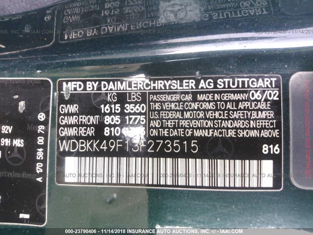 WDBKK49F13F273515 - 2003 MERCEDES-BENZ SLK 230 KOMPRESSOR GREEN photo 9