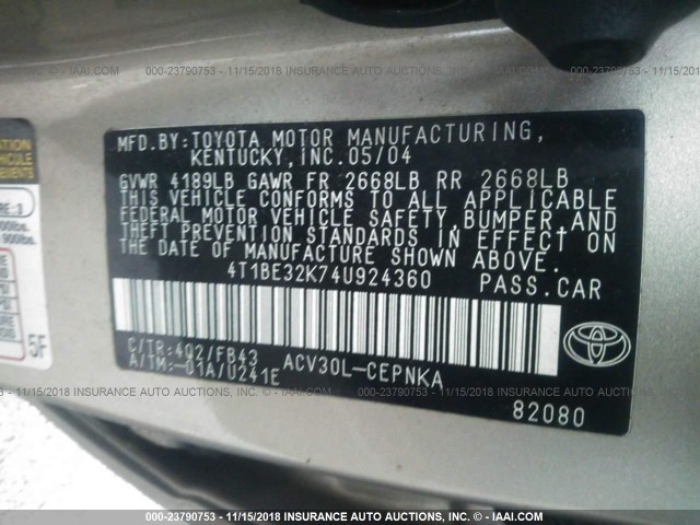 4T1BE32K74U924360 - 2004 TOYOTA CAMRY LE/XLE/SE TAN photo 9