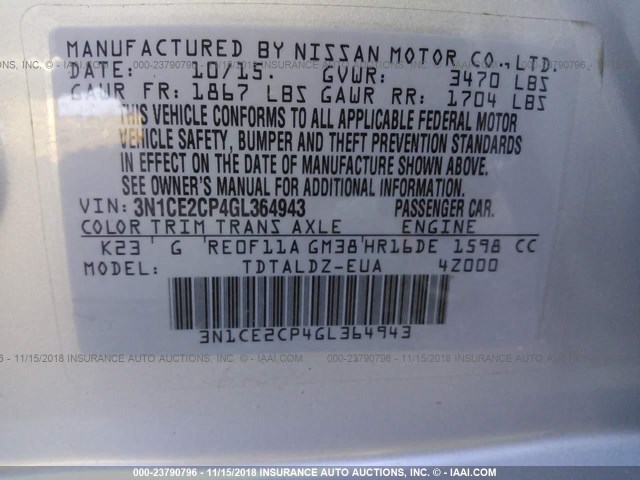 3N1CE2CP4GL364943 - 2016 NISSAN VERSA NOTE S/S PLUS/SV/SL/SR GRAY photo 9