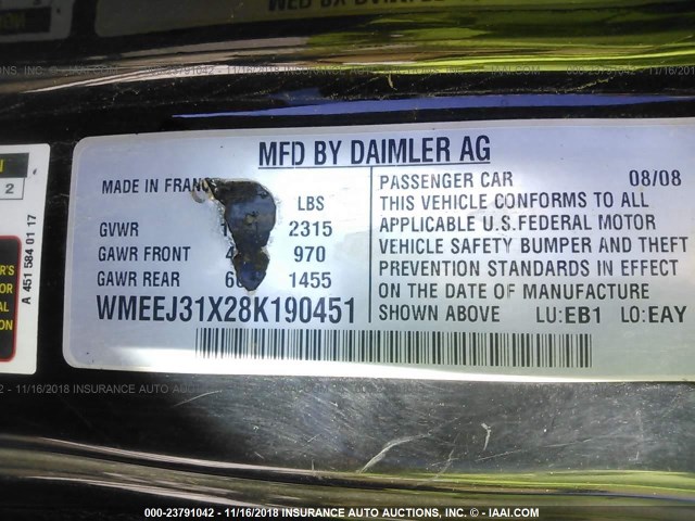 WMEEJ31X28K190451 - 2008 SMART FORTWO PURE/PASSION ORANGE photo 9