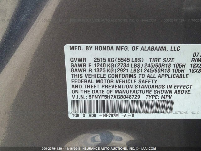 5FNYF5H7XGB048729 - 2016 HONDA PILOT EXLN GRAY photo 9