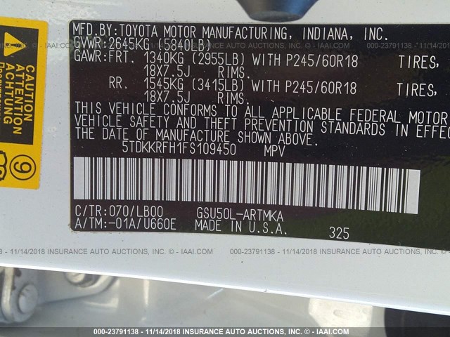 5TDKKRFH1FS109450 - 2015 TOYOTA HIGHLANDER XLE თეთრი ფოტო 9