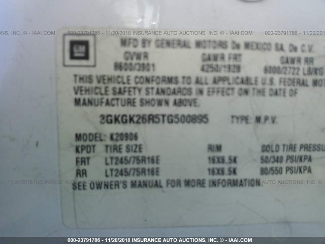 3GKGK26R5TG500895 - 1996 GMC SUBURBAN K2500 WHITE photo 9