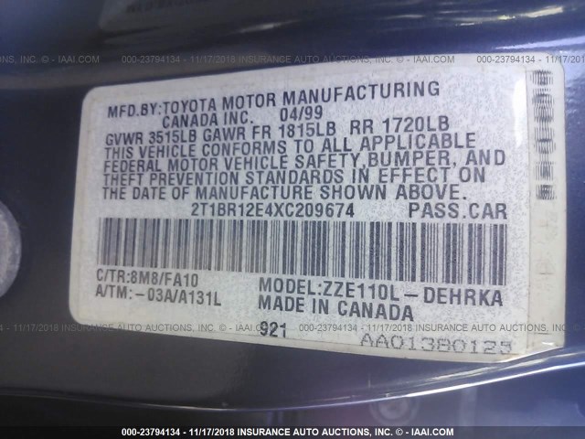 2T1BR12E4XC209674 - 1999 TOYOTA COROLLA VE/CE/LE 蓝色 照片 9