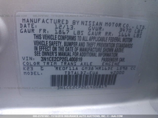 3N1CE2CP2EL400819 - 2014 NISSAN VERSA NOTE S/S PLUS/SV/SL SILVER photo 9