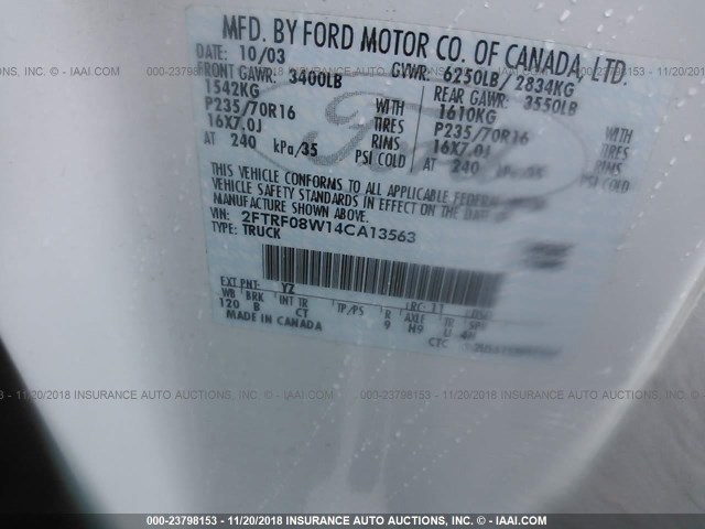 2FTRF08W14CA13563 - 2004 FORD F-150 HERITAGE CLASSIC WHITE photo 9