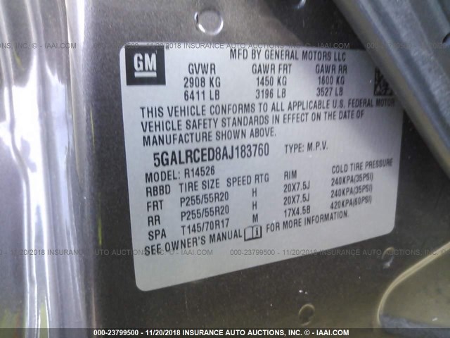 5GALRCED8AJ183760 - 2010 BUICK ENCLAVE CXL 棕色 照片 9