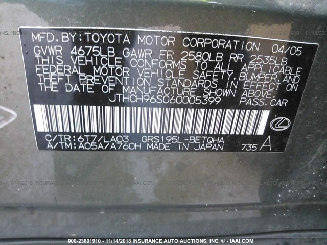 JTHCH96S060005399 - 2006 LEXUS GS GENERATION 200 300 GRAY photo 9