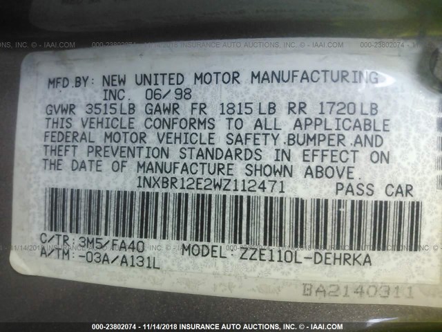 1NXBR12E2WZ112471 - 1998 TOYOTA COROLLA VE/CE/LE 棕色 照片 9