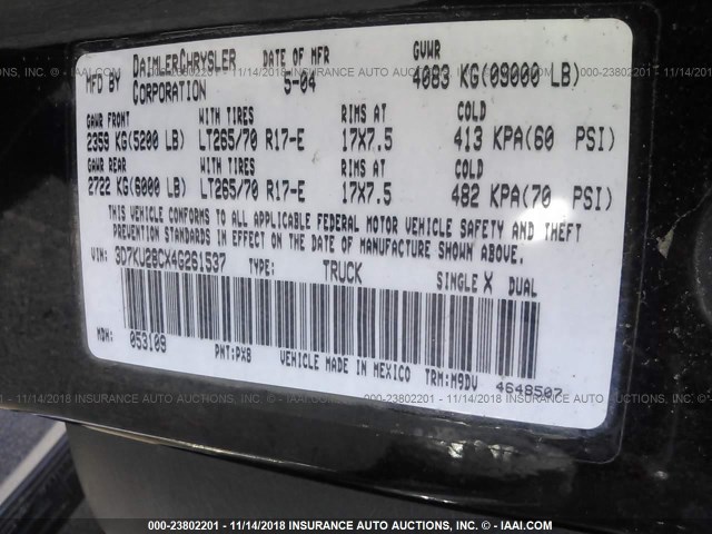 3D7KU28CX4G261537 - 2004 DODGE RAM 2500 ST/SLT 黑色 照片 9