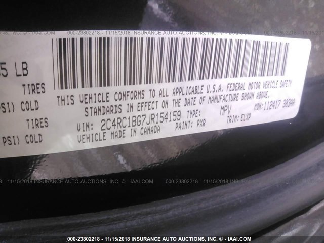 2C4RC1BG7JR154159 - 2018 CHRYSLER PACIFICA TOURING L Սև լուսանկար 9