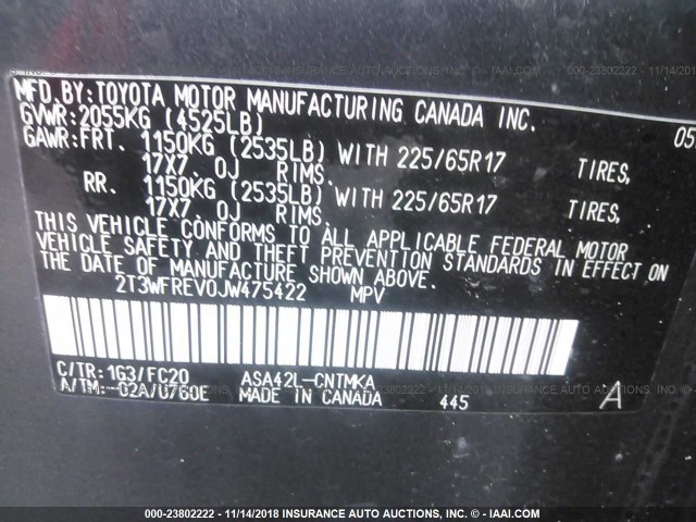 2T3WFREV0JW475422 - 2018 TOYOTA RAV4 ADVENTURE/XLE 灰色 照片 9