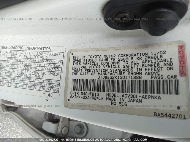 JTDBE32K130171886 - 2003 TOYOTA CAMRY LE/XLE Ақ фото 9