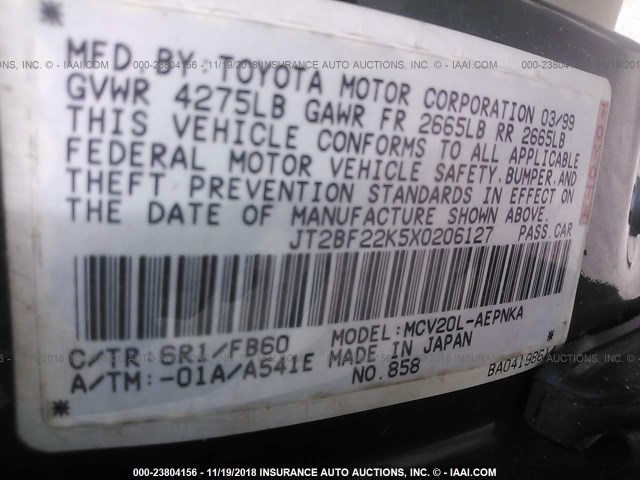 JT2BF22K5X0206127 - 1999 TOYOTA CAMRY LE/XLE Жасыл фото 9