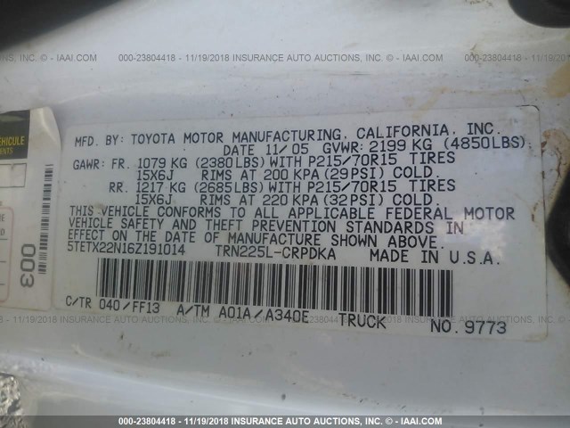 5TETX22N16Z191014 - 2006 TOYOTA TACOMA ACCESS CAB თეთრი ფოტო 9