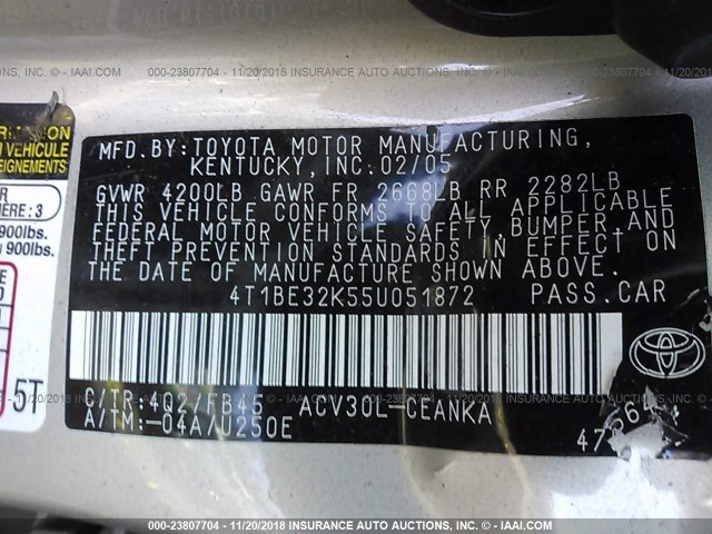 4T1BE32K55U051872 - 2005 TOYOTA CAMRY LE/XLE/SE BEIGE photo 9