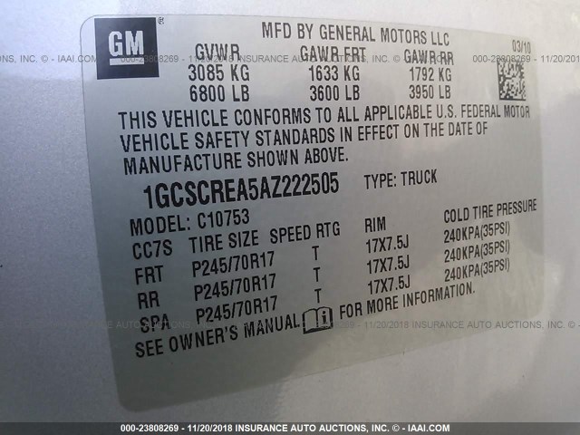 1GCSCREA5AZ222505 - 2010 CHEVROLET SILVERADO C1500  LS SILVER photo 9