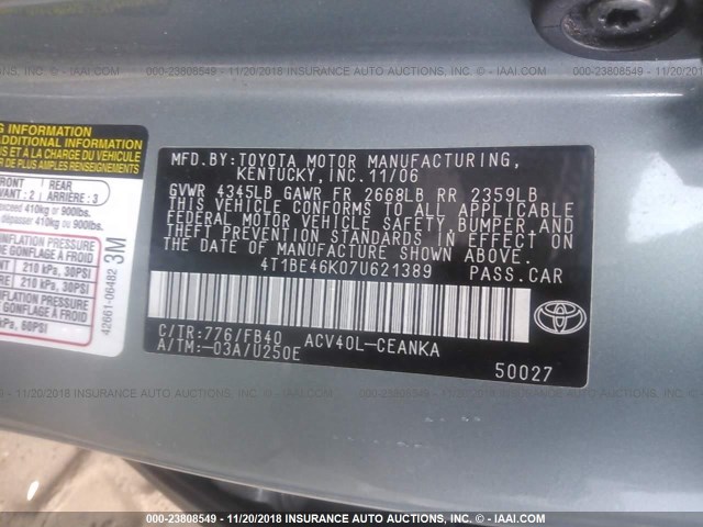 4T1BE46K07U621389 - 2007 TOYOTA CAMRY NEW GENERAT CE/LE/XLE/SE GREEN photo 9