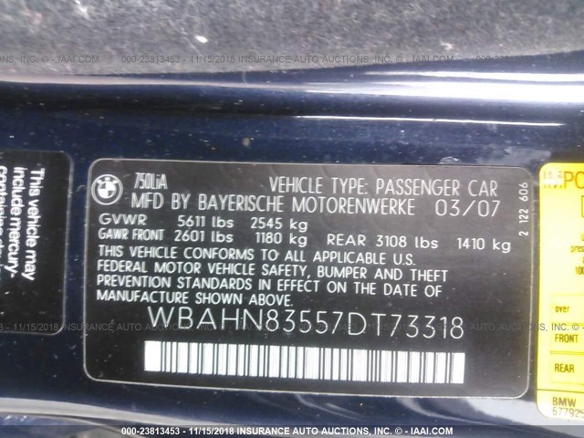 WBAHN83557DT73318 - 2007 BMW 750 BLUE photo 9