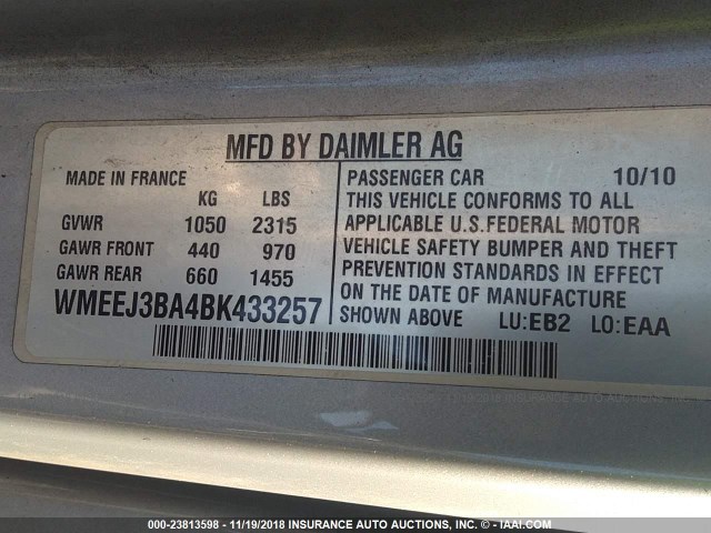 WMEEJ3BA4BK433257 - 2011 SMART FORTWO PURE/PASSION Light Blue photo 9