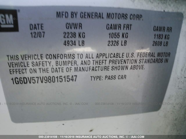 1G6DV57V980151547 - 2008 CADILLAC CTS HI FEATURE V6 WHITE photo 9
