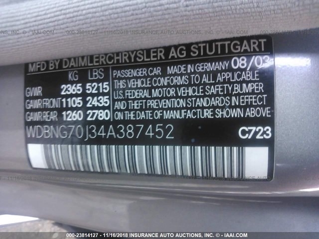 WDBNG70J34A387452 - 2004 MERCEDES-BENZ S 430 SILVER photo 9