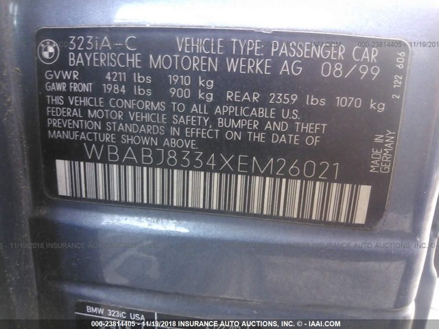 WBABJ8334XEM26021 - 1999 BMW 323 IC AUTOMATIC BLUE photo 9