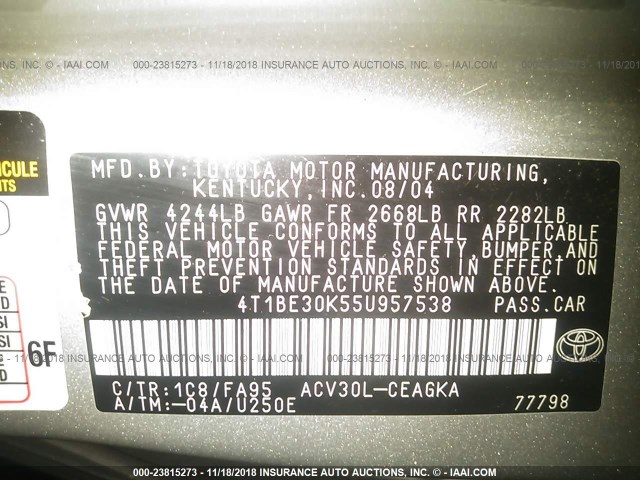 4T1BE30K55U957538 - 2005 TOYOTA CAMRY LE/XLE/SE SILVER photo 9