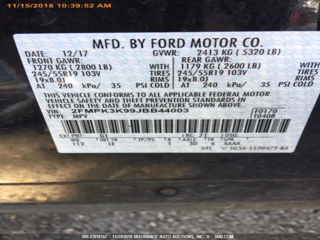 2FMPK3K99JBB44003 - 2018 FORD EDGE TITANIUM BLACK photo 11