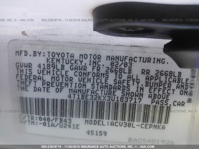 4T1BE32KX3U183717 - 2003 TOYOTA CAMRY LE/XLE/SE WHITE photo 9