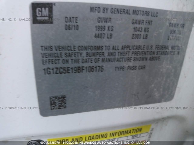 1G1ZC5E19BF106176 - 2011 CHEVROLET MALIBU 1LT WHITE photo 9