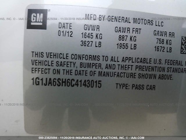 1G1JA6SH6C4143015 - 2012 CHEVROLET SONIC LS 白色 照片 9