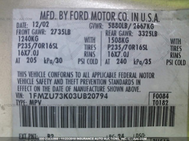 1FMZU73K03UB20794 - 2003 FORD EXPLORER XLT/XLT SPORT/NBX 金色 照片 9