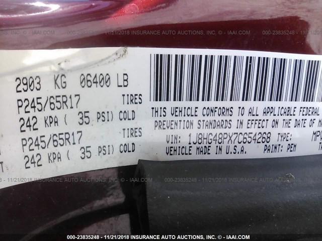 1J8HG48PX7C654268 - 2007 JEEP COMMANDER BURGUNDY photo 9