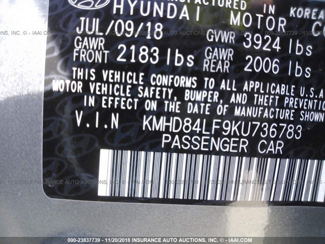 KMHD84LF9KU736783 - 2019 HYUNDAI ELANTRA SEL/VALUE/LIMITED GRAY photo 9