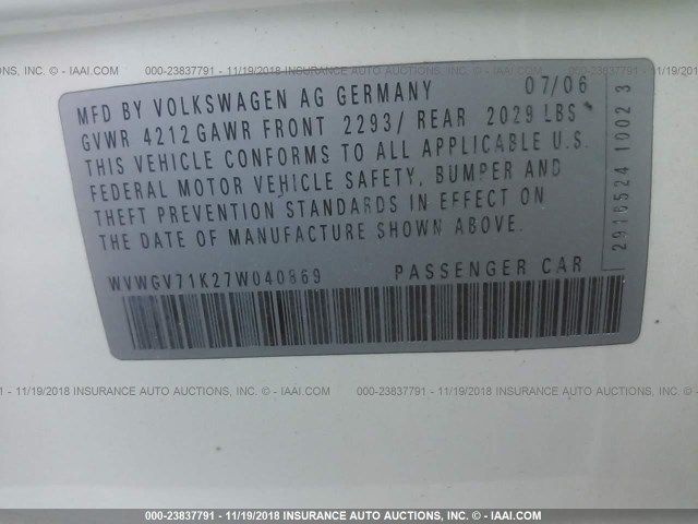 WVWGV71K27W040869 - 2007 VOLKSWAGEN NEW GTI WHITE photo 9