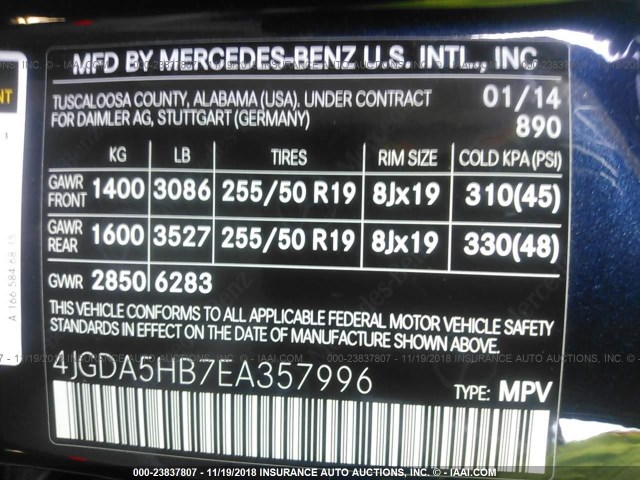 4JGDA5HB7EA357996 - 2014 MERCEDES-BENZ ML 350 4MATIC Dark Blue photo 9