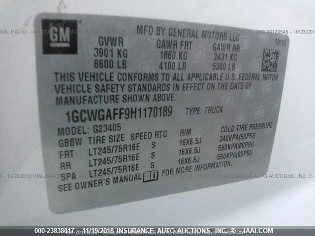 1GCWGAFF9H1170189 - 2017 CHEVROLET EXPRESS G2500  WHITE photo 9