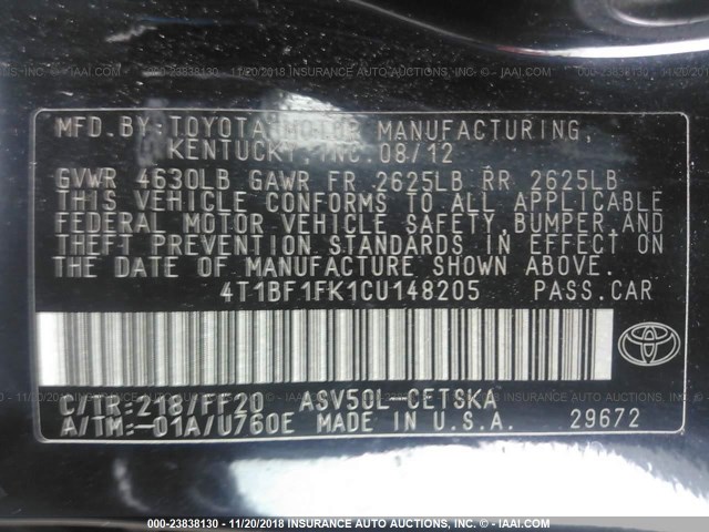 4T1BF1FK1CU148205 - 2012 TOYOTA CAMRY SE/LE/XLE BLACK photo 9